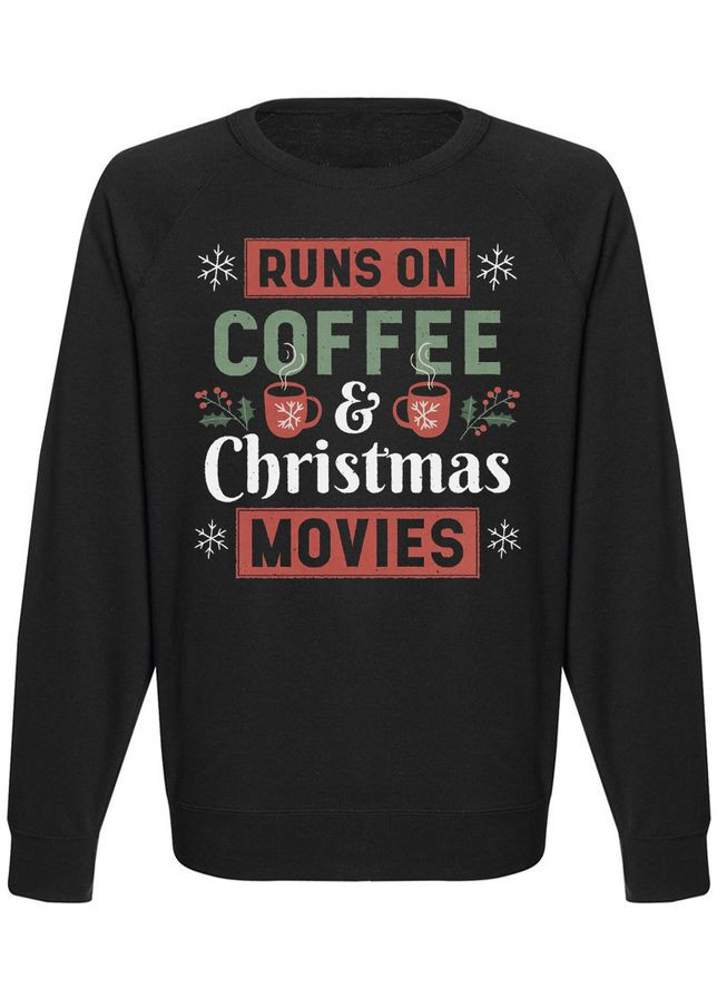 Свитшот новогодний "Runs Of Coffee And Christmas Movie" (чёрный) Fat Cat - крой черный - (283036215)