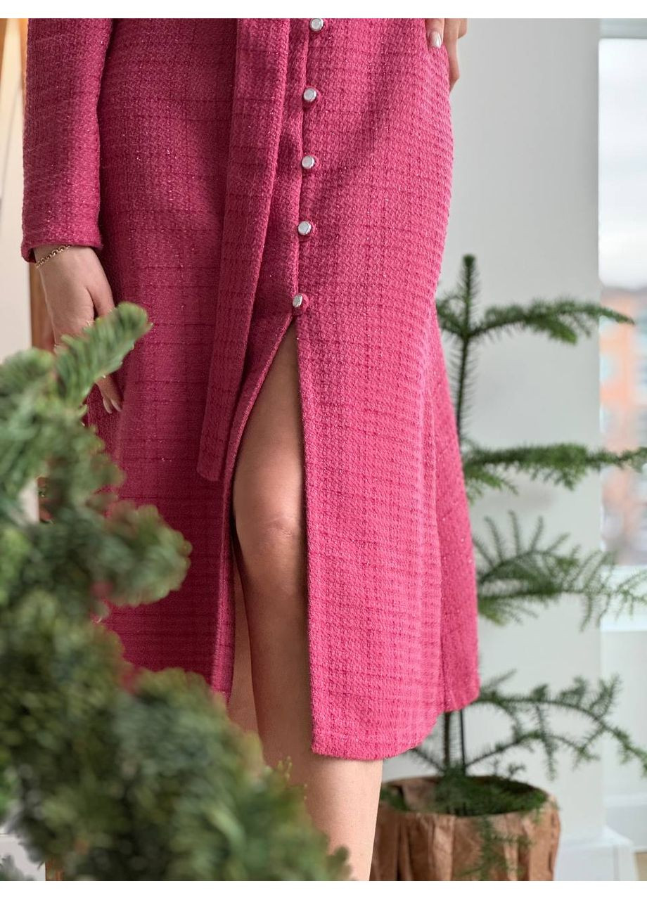 Фуксиновое (цвета Фуксия) праздничный, коктейльное, вечернее платье из твида «шанель» в длине меди с длинным рукавом No Brand