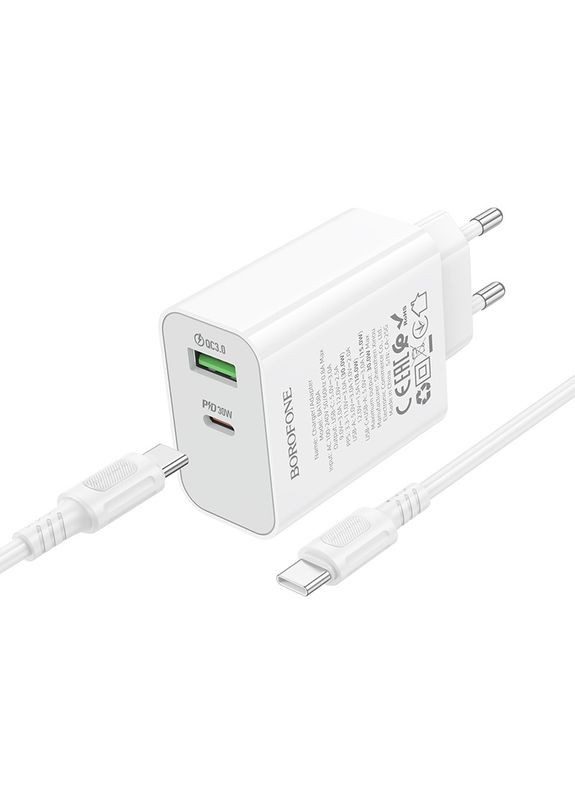 Мережевий зарядний пристрій з кабелем BA108A Stellar PD30W+QC3.0 charger set (C to C) (EU) White Borofone (393938806)