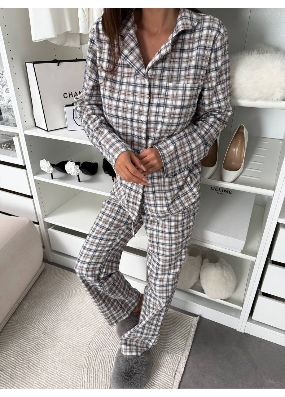 Бежева всесезон жіноча піжама в клітинку сорочка + брюки FINO Mode