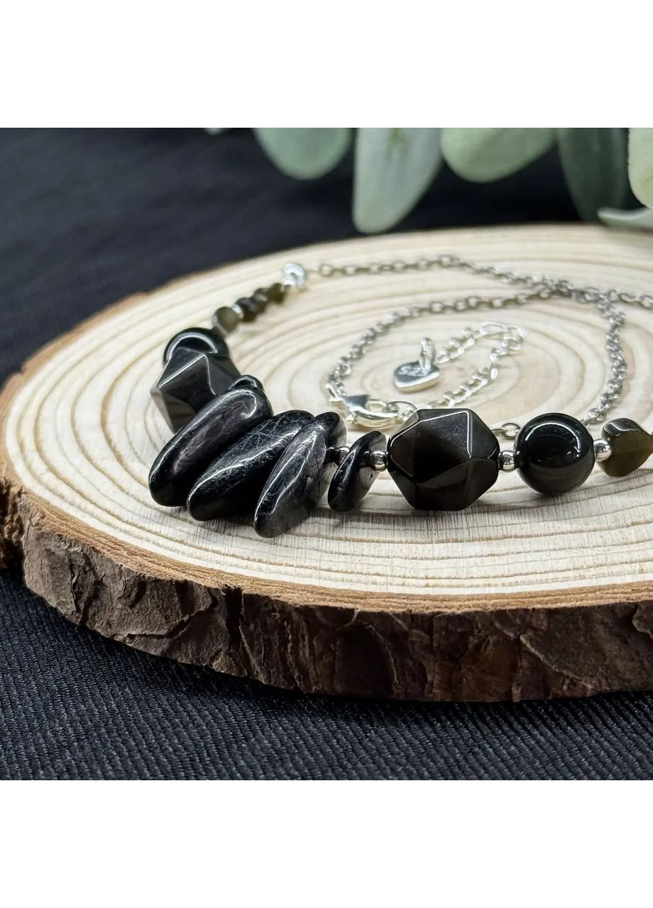 Подвеска на цепочке натуральный Обсидиан, фур-ра гип-ный сплав цвет серебро d-18-10-8-6-4-3-2мм+- L-37-42см No Brand Підвіска (362695458)