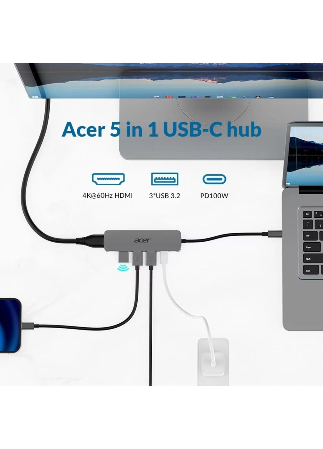 Хаб 5in1 USB-С > 3xUSB-A3.0/HDMI/USB-C, 0.15м, сірий Acer (370620587)