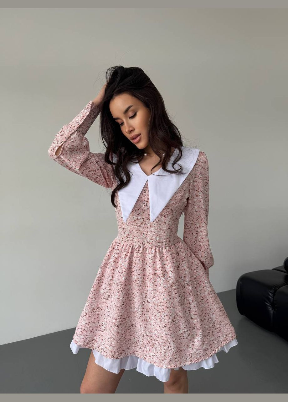 Пудровое повседневный платье мини с отложным воротником и объемными рукавами клеш MonCher с цветочным принтом