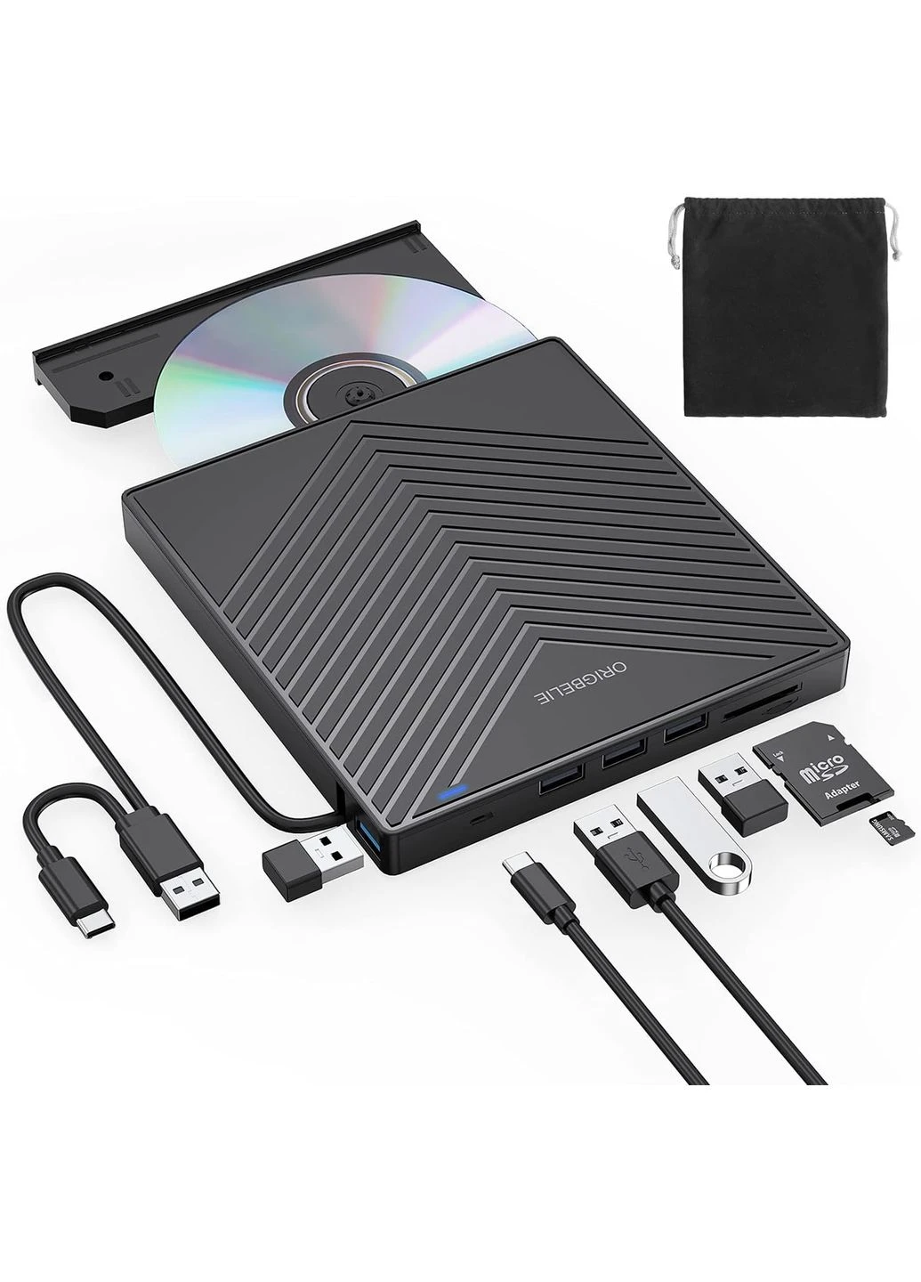 Зовнішній оптичний привід CD/DVD ORIGBELIE USB 3.0 Type-C: CD-RW/DVD-ROM, Hub 8-в-1 (4xUSB, SD/TF), для Mac/Windows/Linux No Brand (391049425)