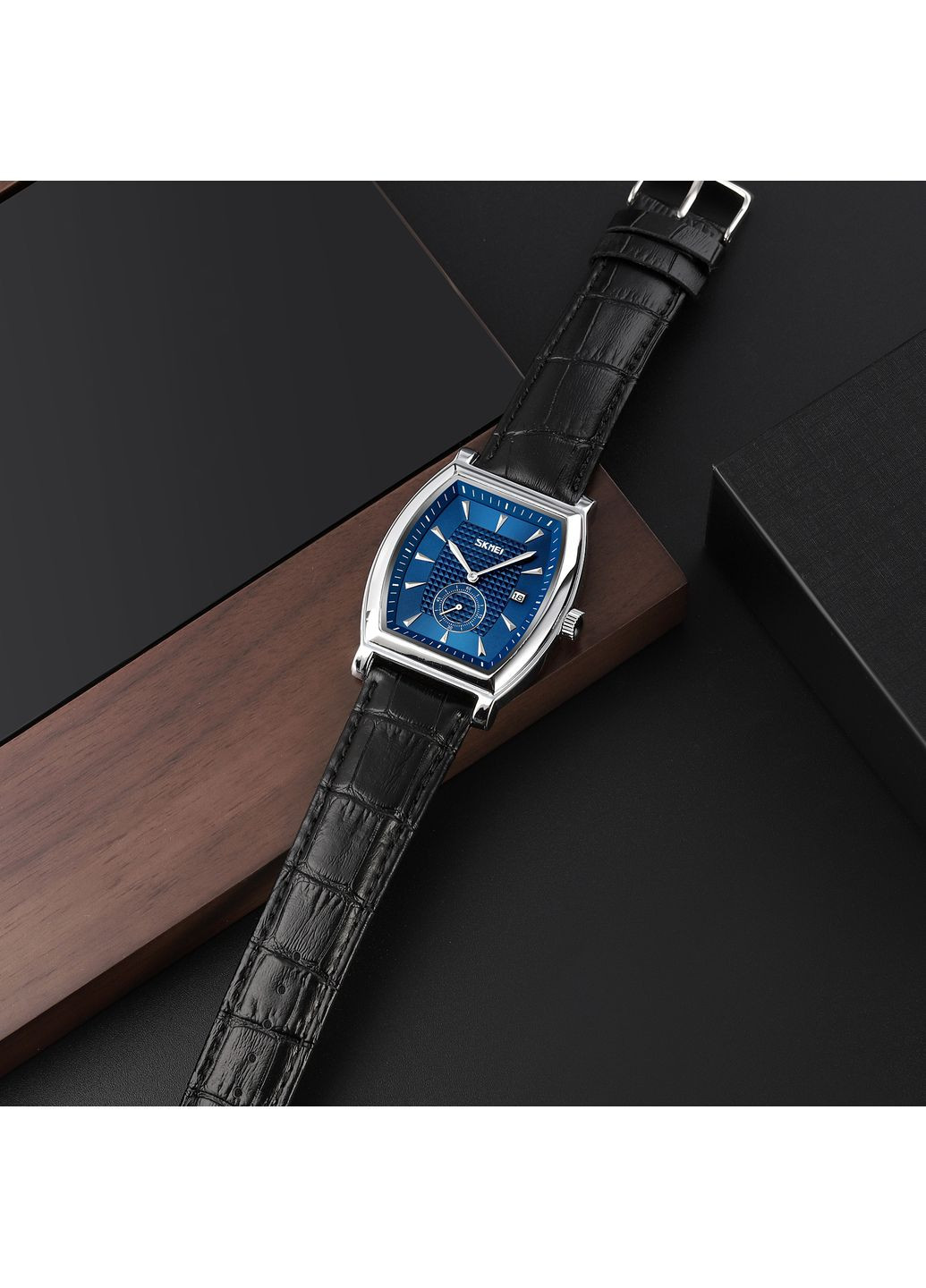 Часы кварцевые мужские с кожаным ремешком прямоугольные серебристые для повседневного ношения ProDobro (367264113)