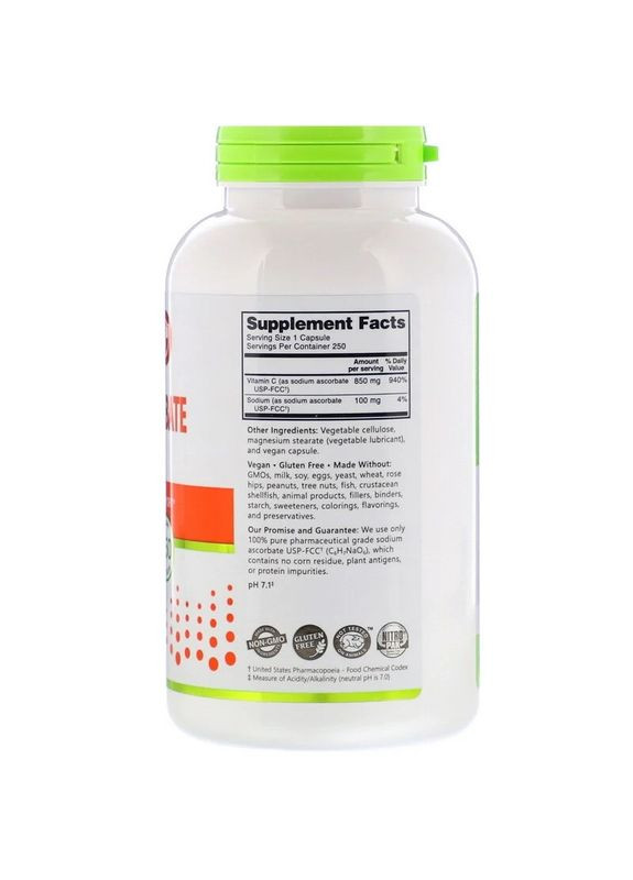 Аскорбат натрію 850 мг Sodium Ascorbate Буферизований содою вітамін C 250 рослинних капсул American Health (264739676)