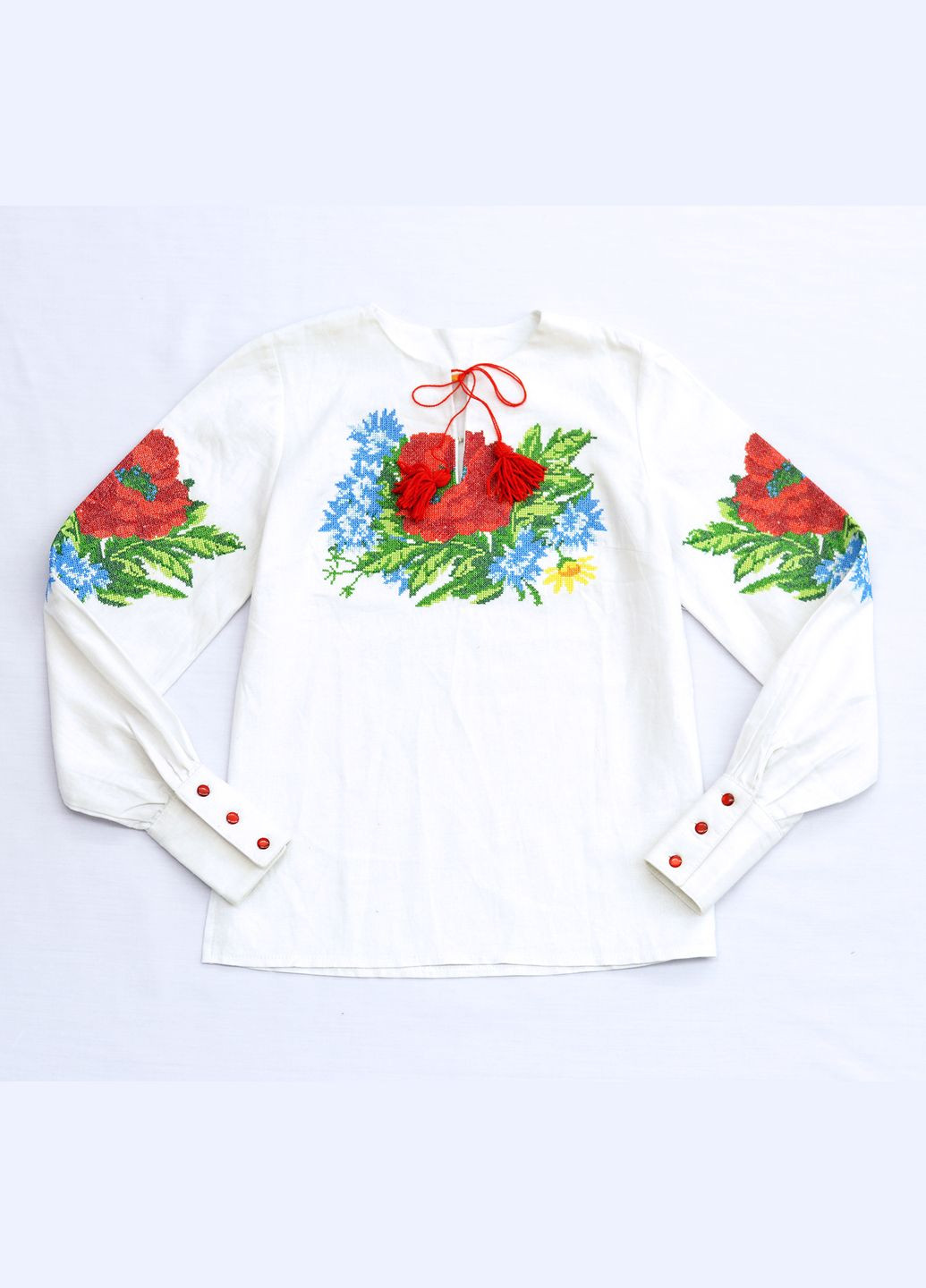 Біла вишиванка дитяча маки з льону, з квітковою вишивкою Piccolo візерунок квітковий льон (322793331)