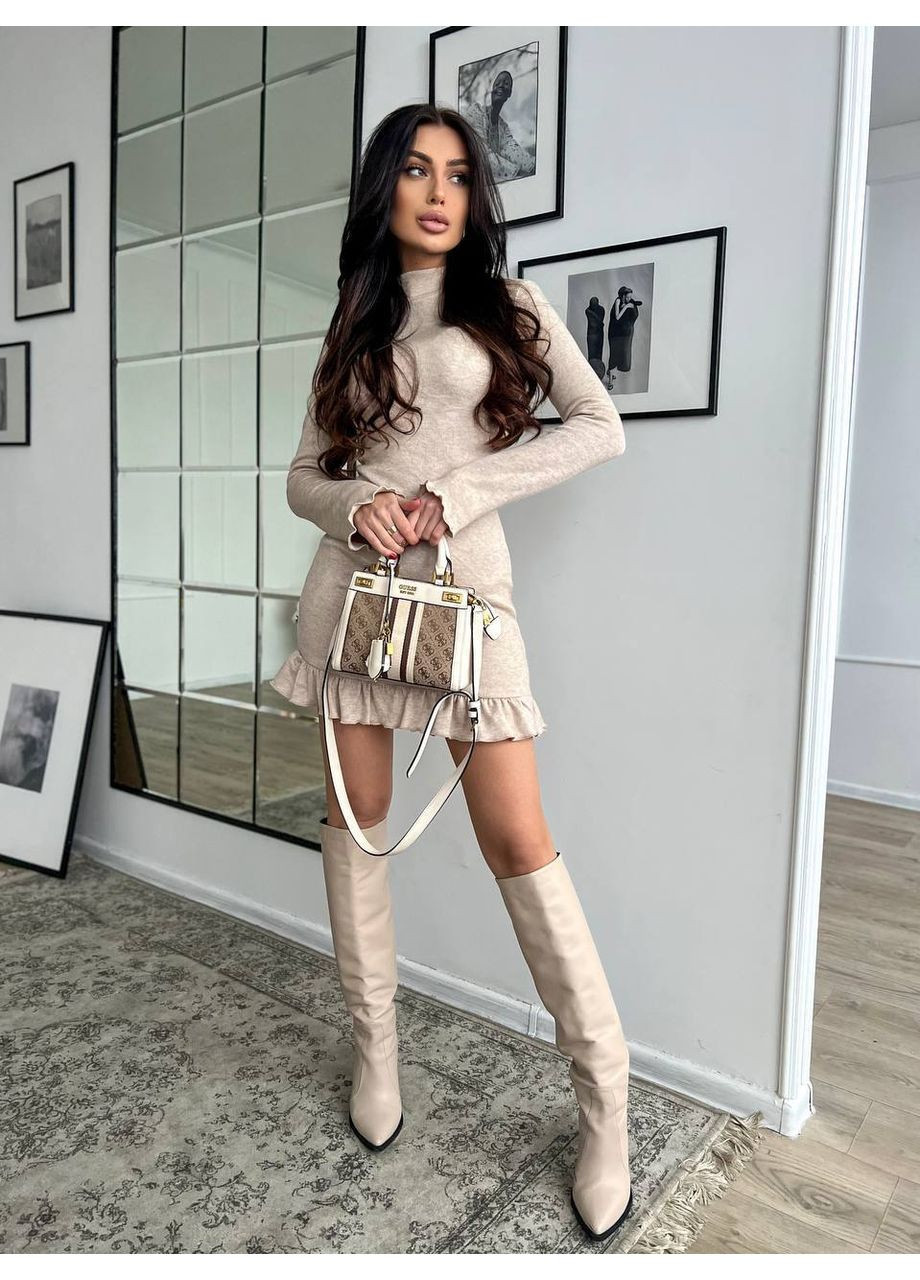 Бежевое коктейльное теплое женское платье из турецкой ангоры люкс — комфорт и стиль в холодное время 🎀 (замер в описании) DK/DL Мода без кордонів однотонное