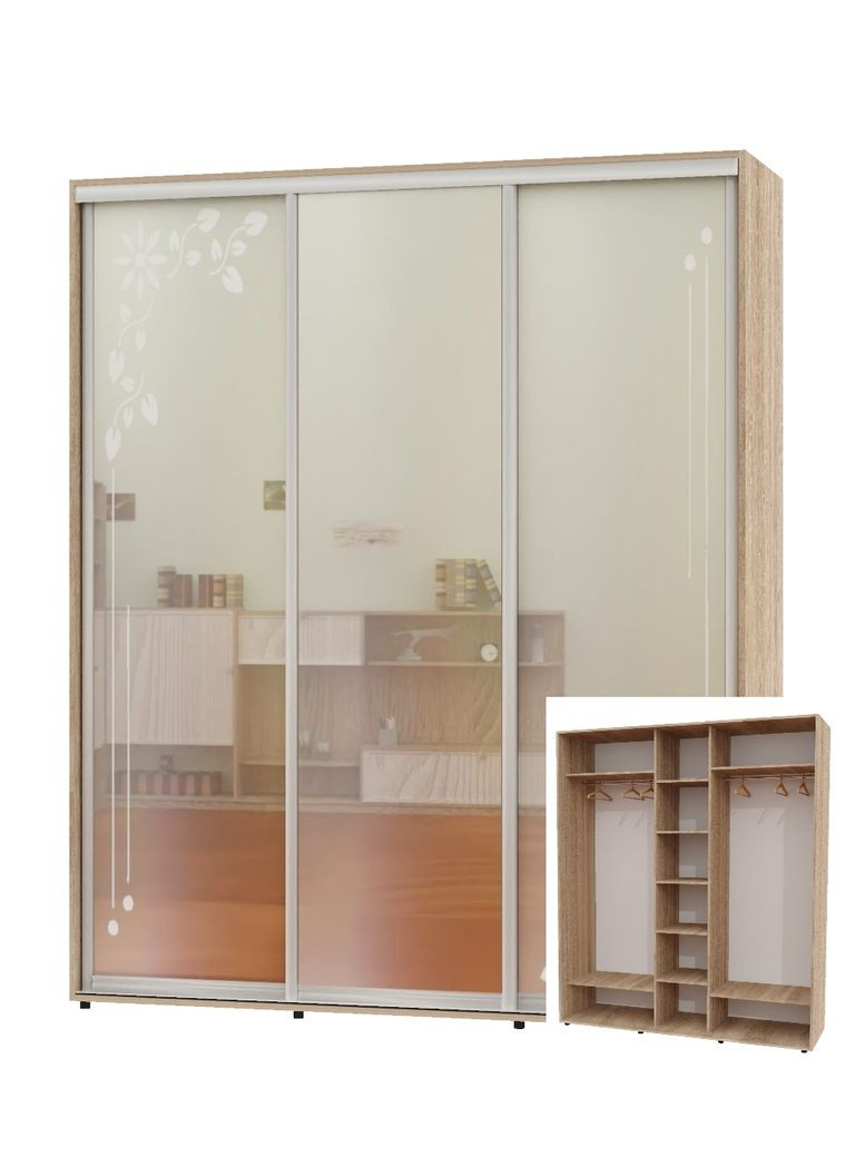 Шкаф-купе трехдверный 230*60*220 Дуб Сонома 2 Зеркала с пескоструйным рисунком/Зеркало ШК-04 Алекса (360478355)