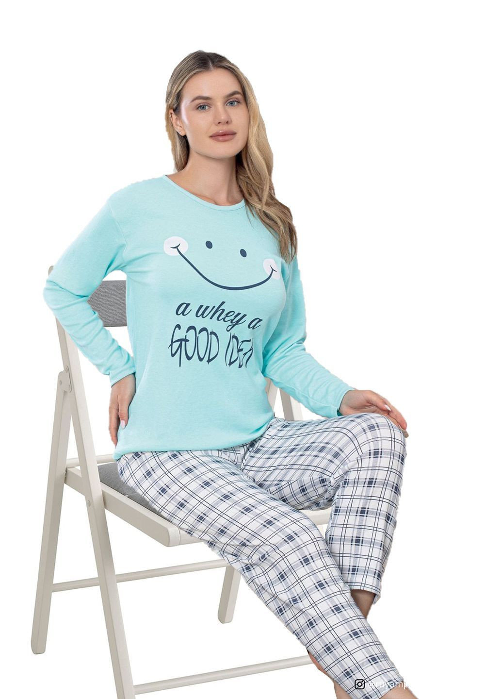 Голубая пижама женская хлопок лонгслив + брюки Ruyam
