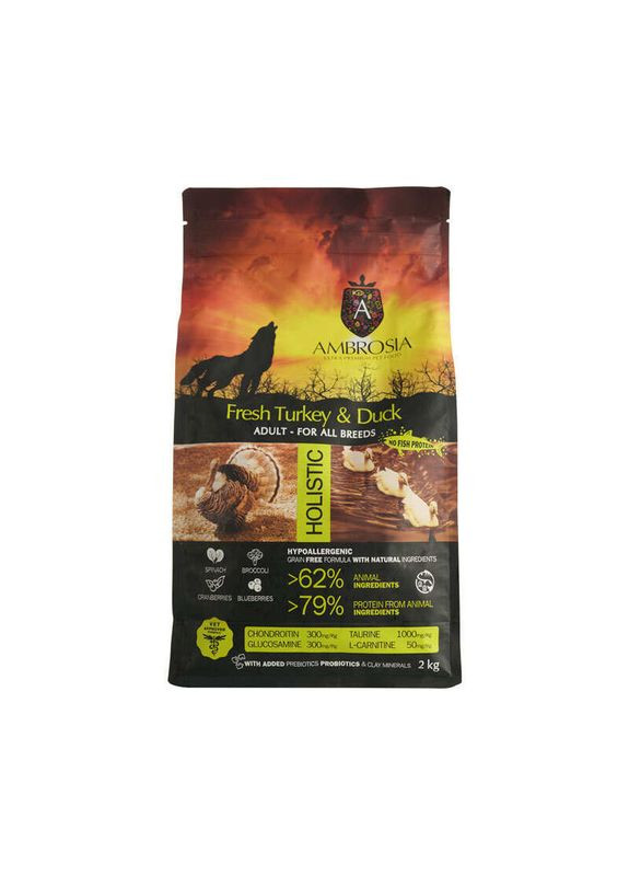 Grain Free Dog Adult Fresh Turkey & Duck - Сухой беззерновой корм со свежей индейкой и уткой для взрослых собак - 2 кг Ambrosia (369624950)
