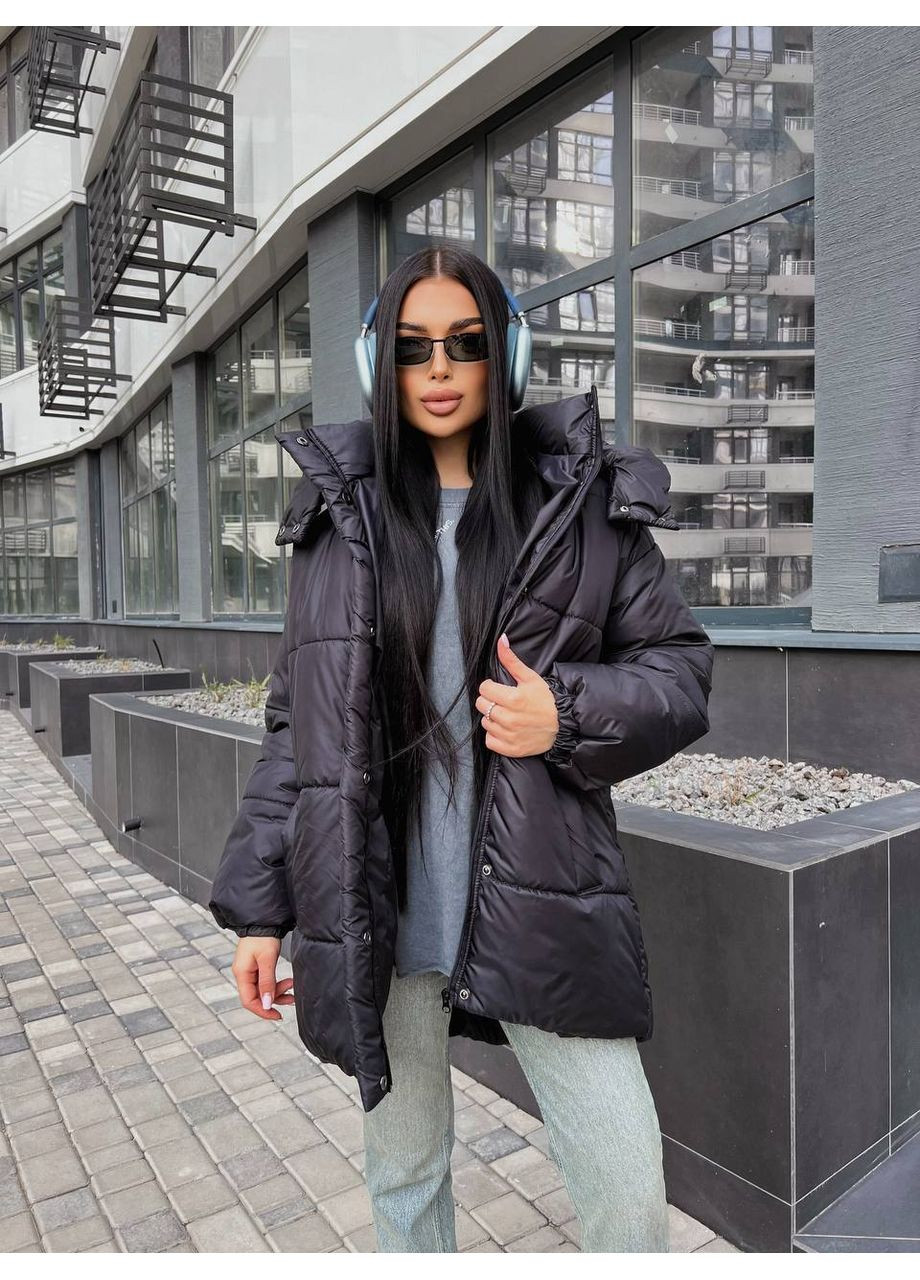 Чорна зимня жіночий зимовий пуфер із паском та внутрішніми лямками — заміри в описі куртка-пальто Vione