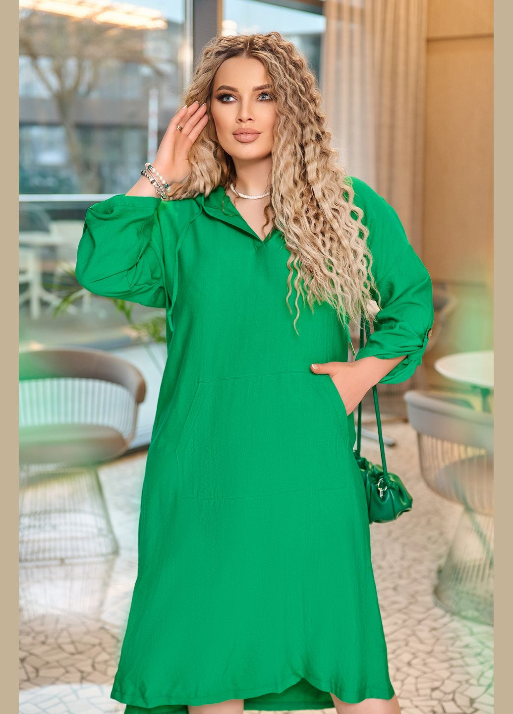 Зелена повсякденний сукня з льону сукня-худі No Brand однотонна