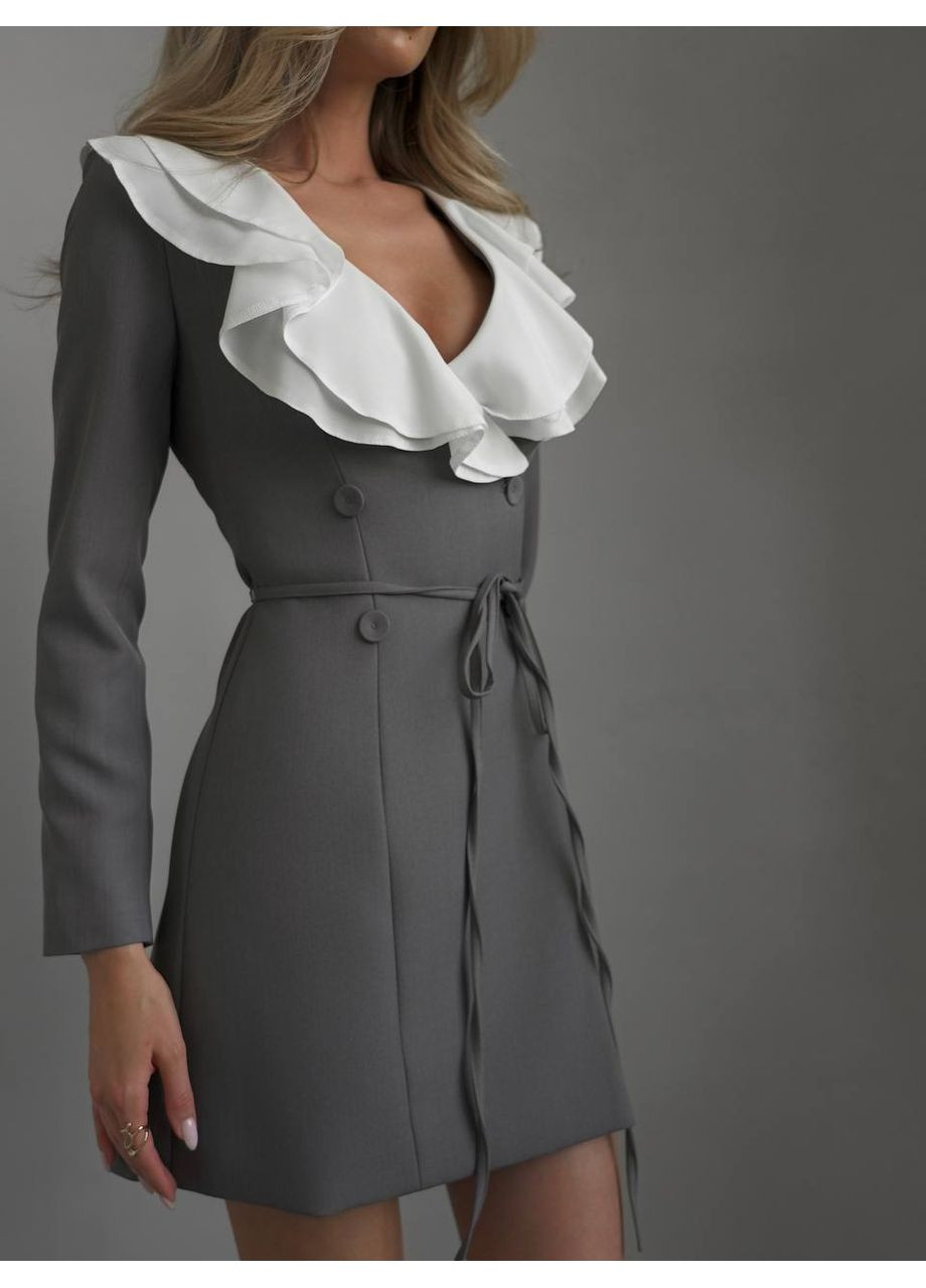 Графитовое праздничный платье-пиджак из костюмки со съемными воланами 🤍 (замеры в описании) DK/DL Мода без кордонів однотонное