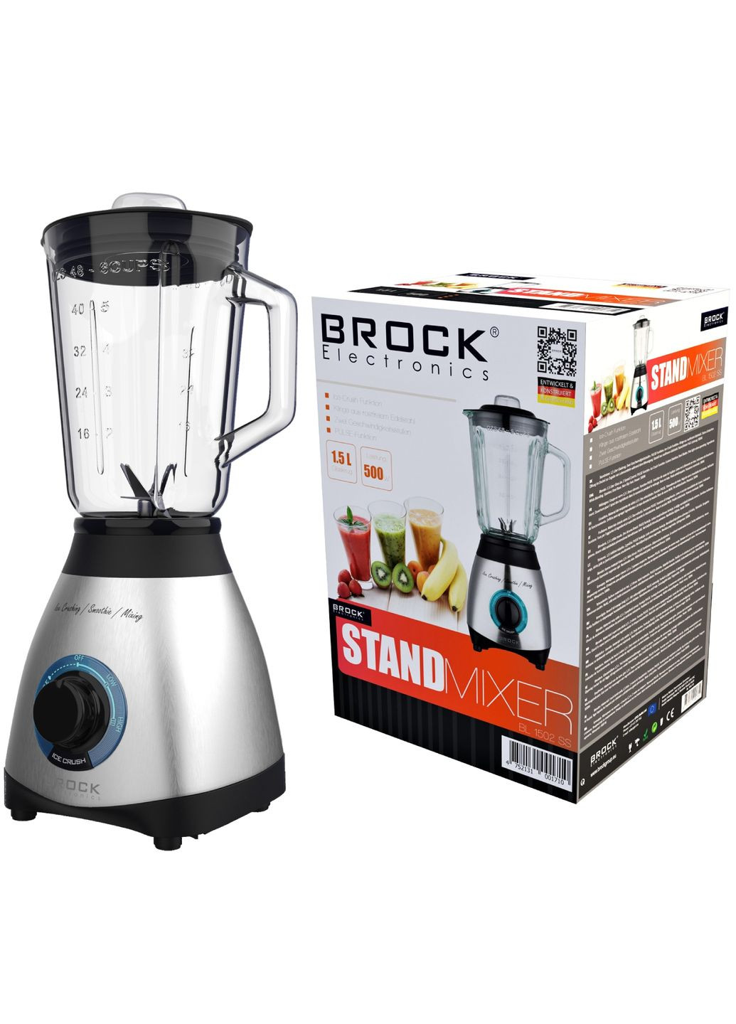 Блендер BL 1502 SS стационарный 500Вт/ стеклянная чаша 1,5л/ PULSE/ 2 скорост./дробление льда/металл BROCK (347174935)