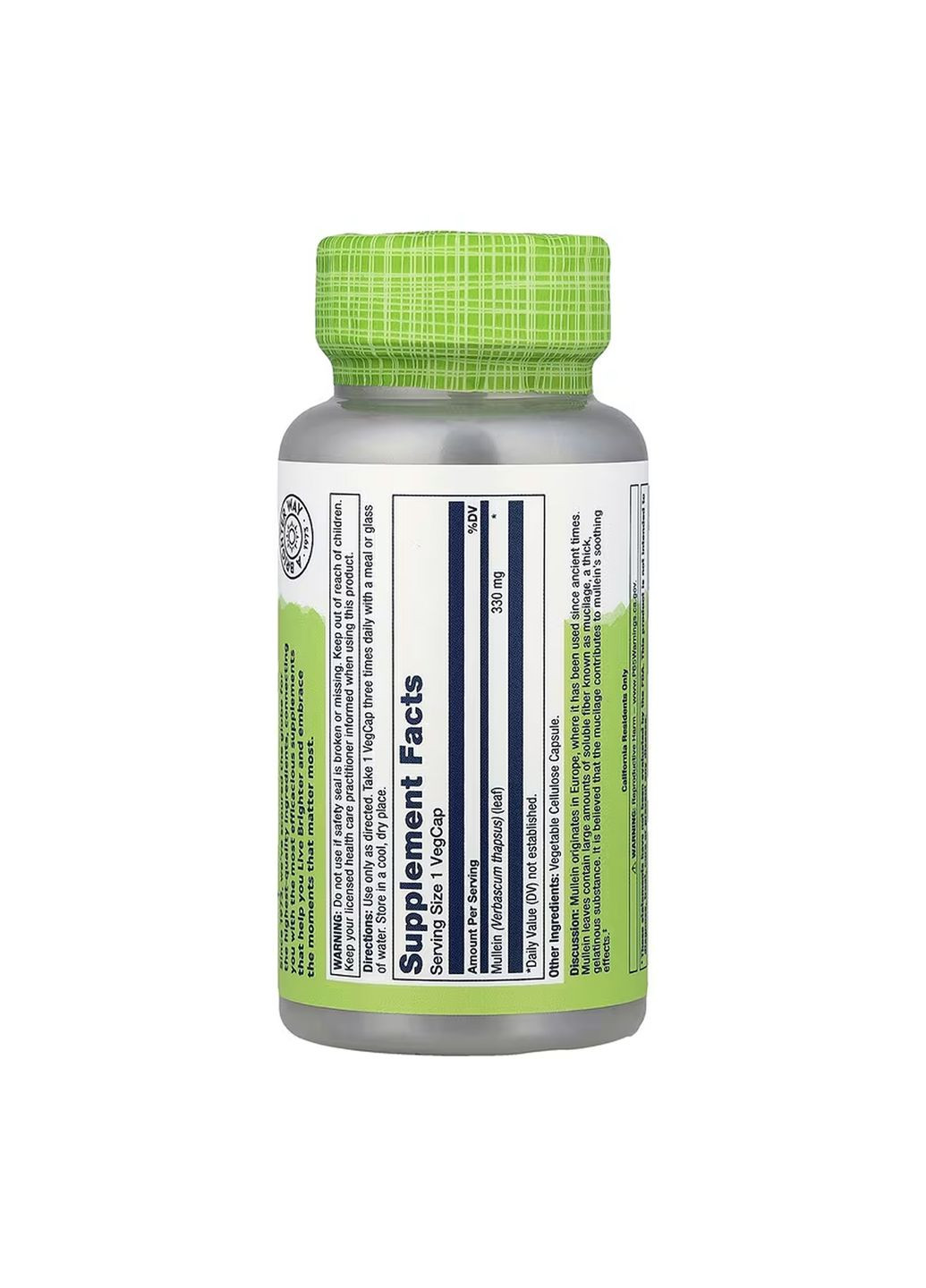 Добавка для дихальної системи вегетаріанська Mullein Leaf 330 мг 100 капсул Solaray (367957423)