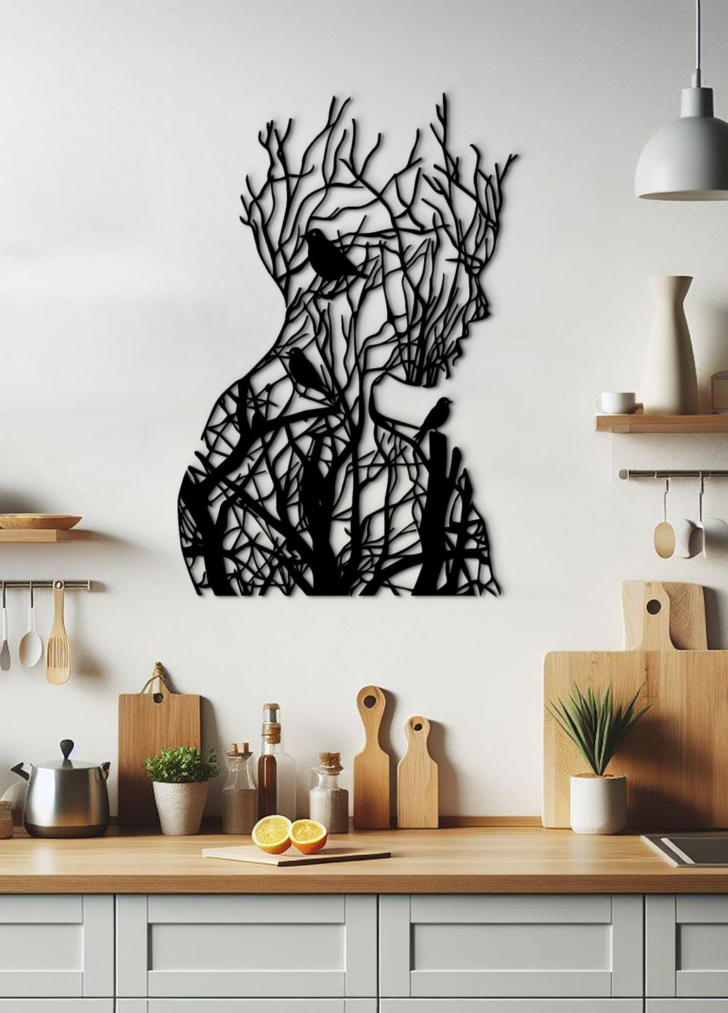Декоративне панно на стіну, дерев'яний декор в кімнату "Мереживо дівчина з птахами", картина лофт 35х23 см Woodyard (292112358)