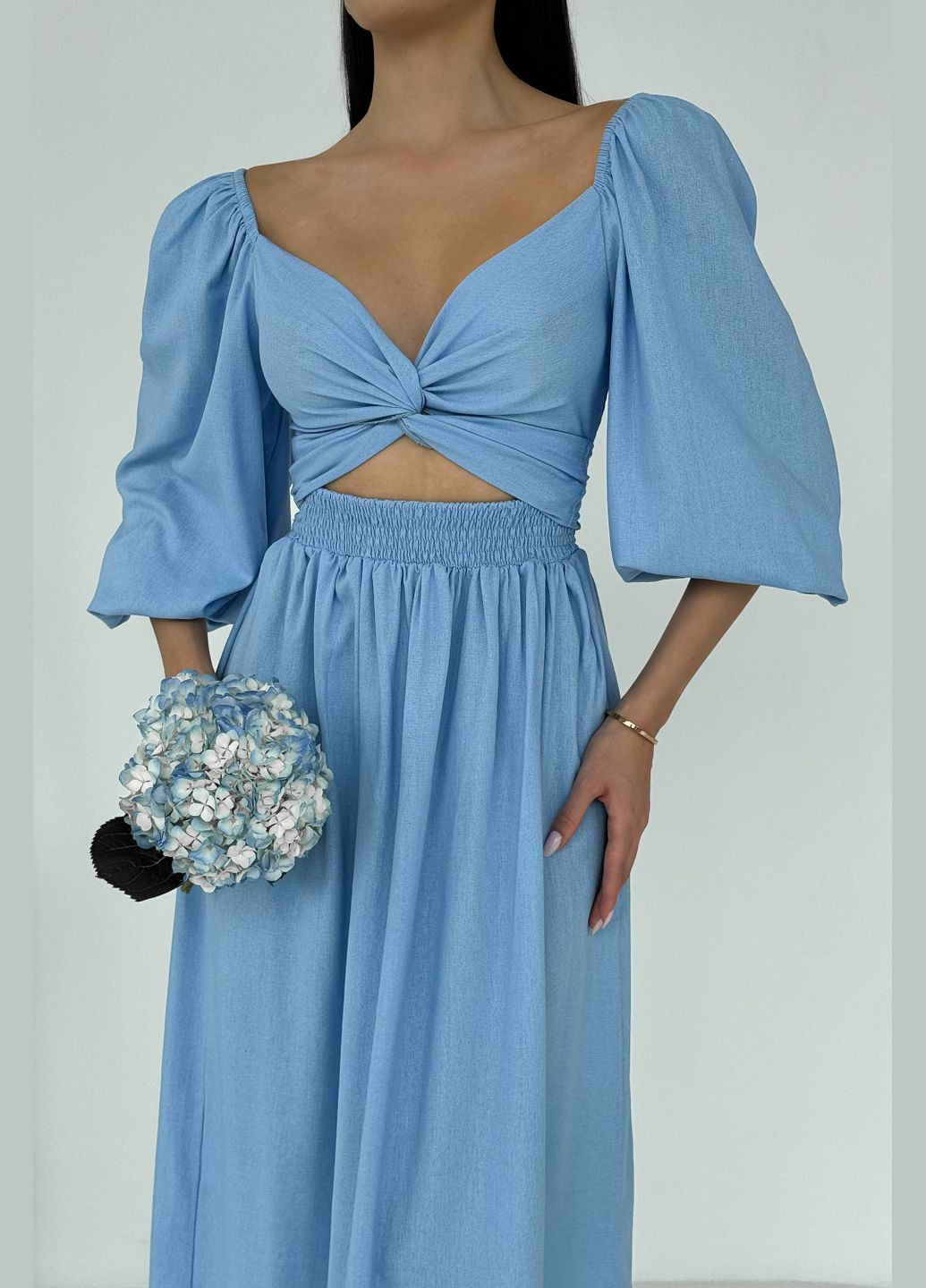 Голубое праздничный, вечернее дизайнерское платье из льна голубого цвета платье-трансформер Jadone Fashion однотонное