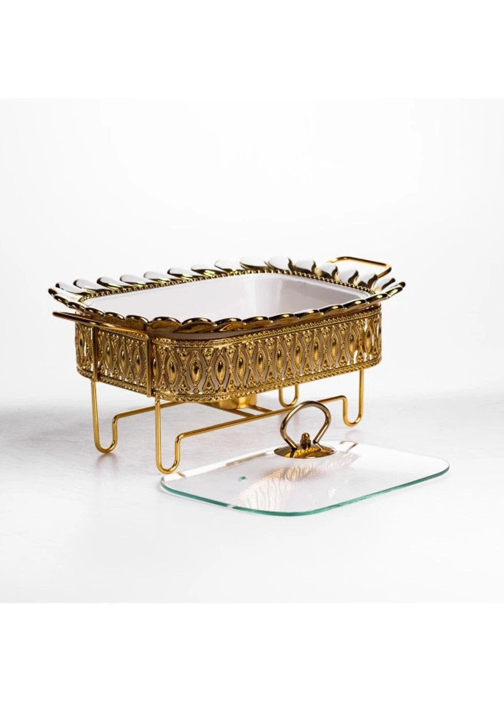 Мармитница фарфоровая Tiffany 1 л квадратная со стеклянной крышкой на металлической подставке с подогревом Yiwu (386473562)