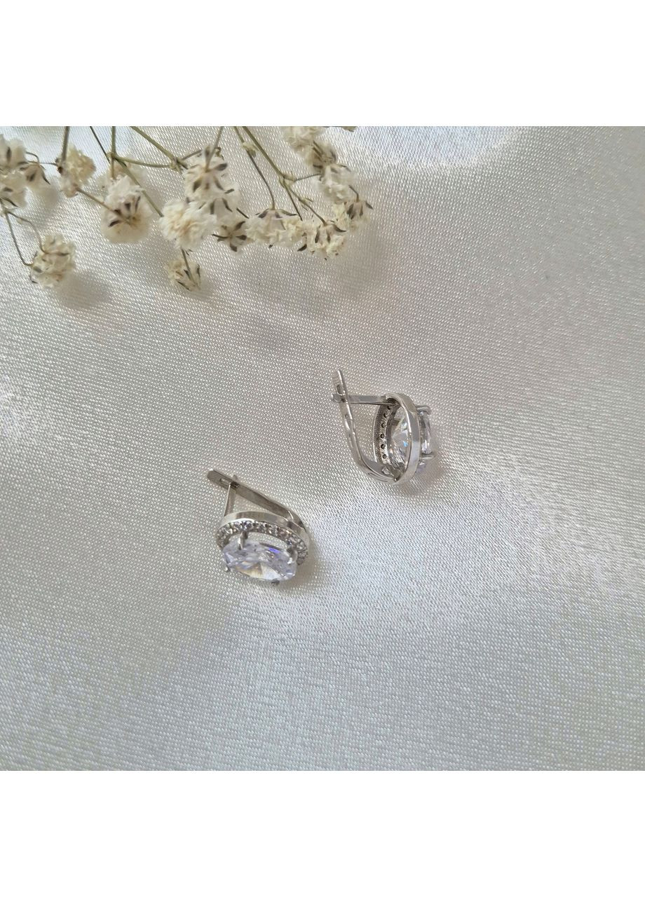 Срібні сережки з Великим Білим каменем срібло 925 проби Родоване 82044б 4.25г No Brand (334012764)