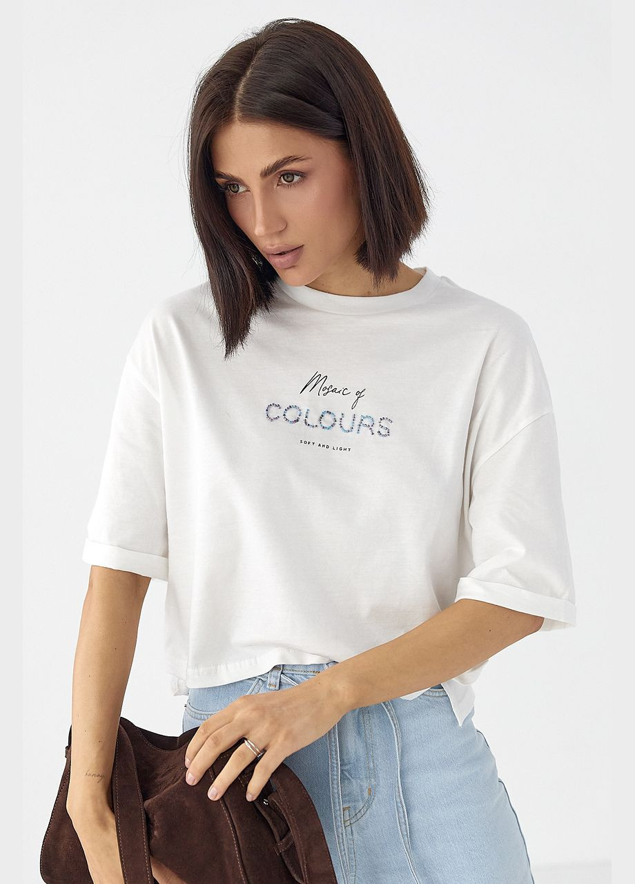 Футболка с надписью из бисера - белый Lurex - (330989000)