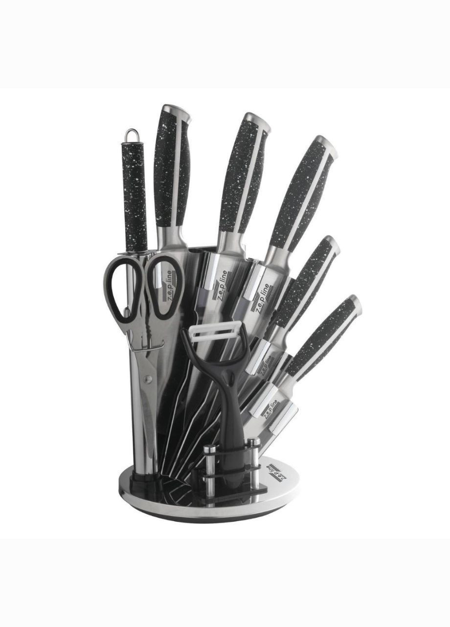 Набор ножей + ножницы на подставке (9 предметов) Zepline ZP-027 чёрные, пластик, металл, нержавеющая сталь