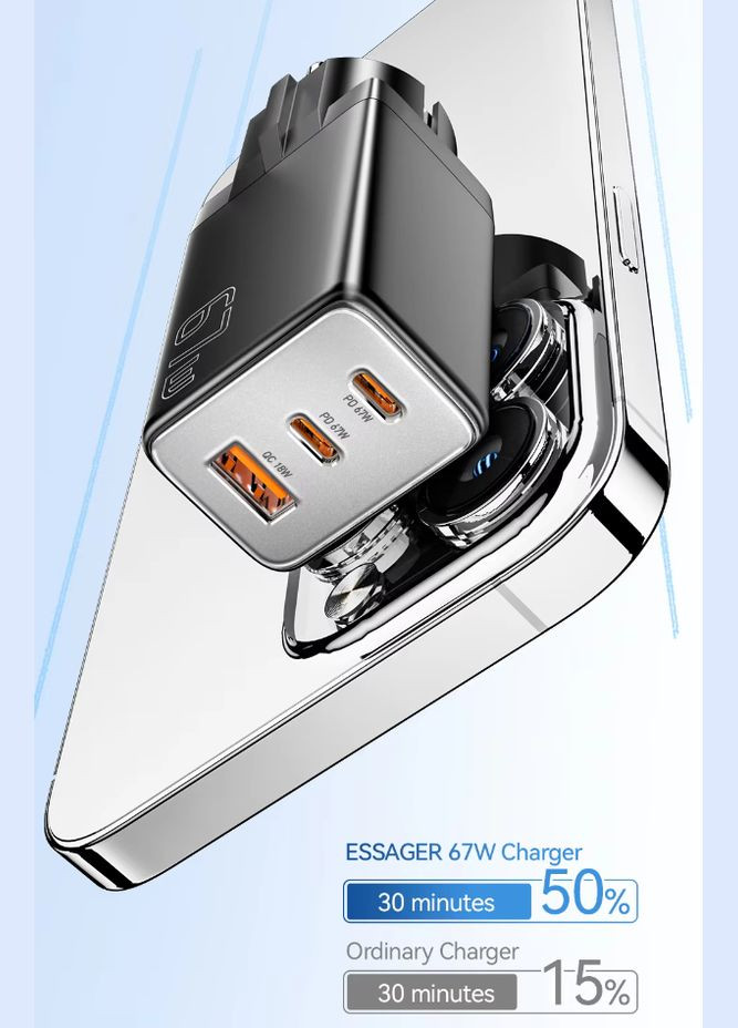 Зарядний пристрій 67W GaN (2xType-C + USB-A), QC4.0/PD3.0/Fast Charge Essager (307802656)