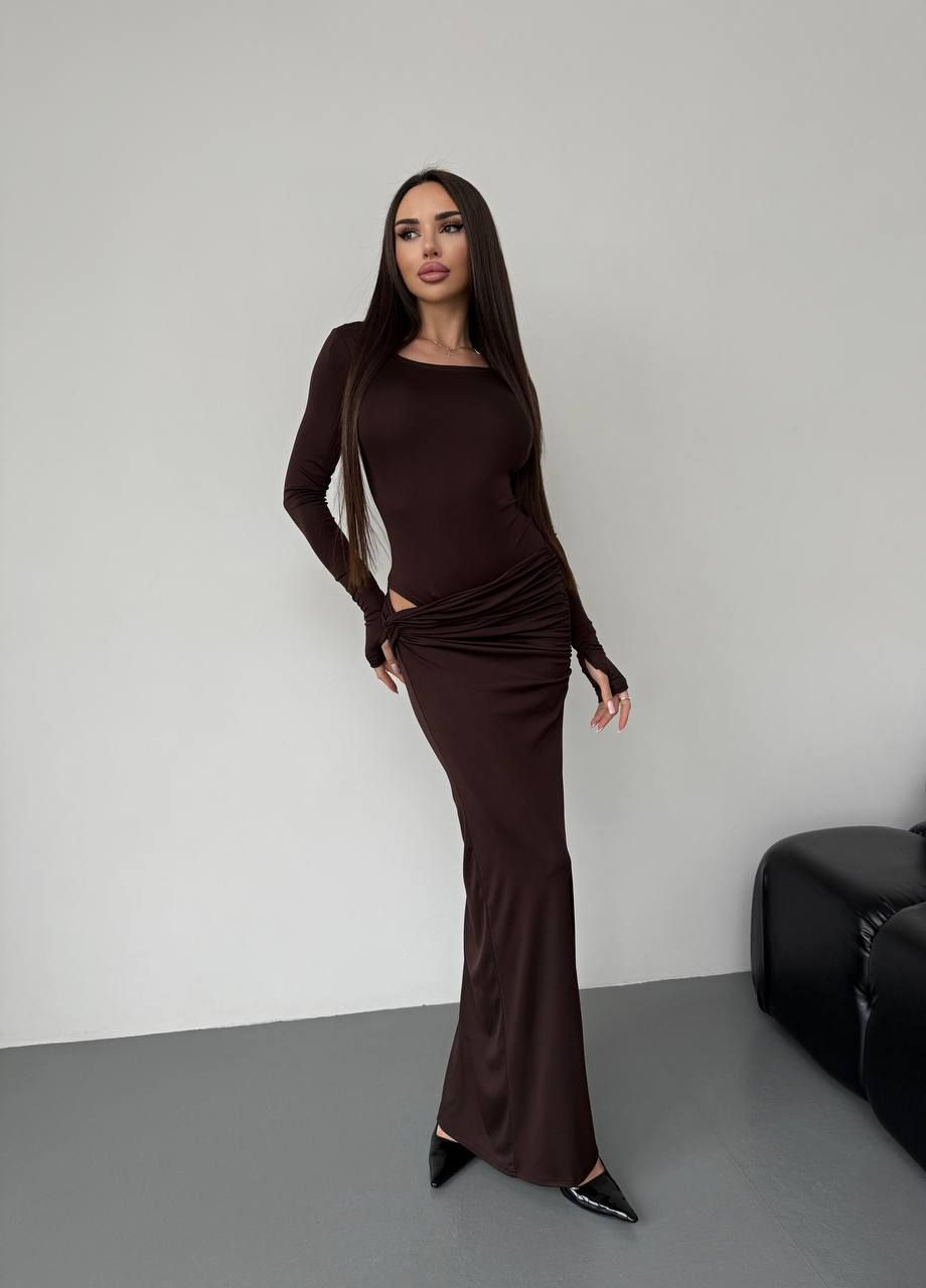 Жіночий вечірній костюм (боді+спідниця максі) коричневого кольору 35931 Fashion (368765740)