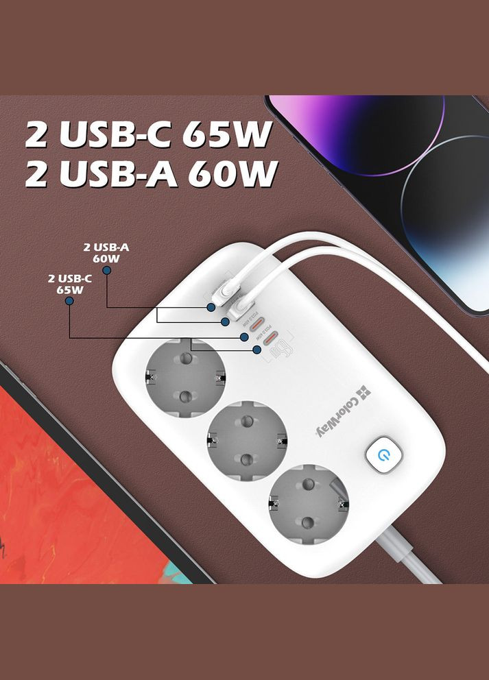 Мережевий фільтр-подовжувач СolorWay 3 розетки/4USB GaN3 Pro PD (2USB-A + 2 TYPE-C) (65W) 2M (CW-CHE34PDW) Colorway (339082873)