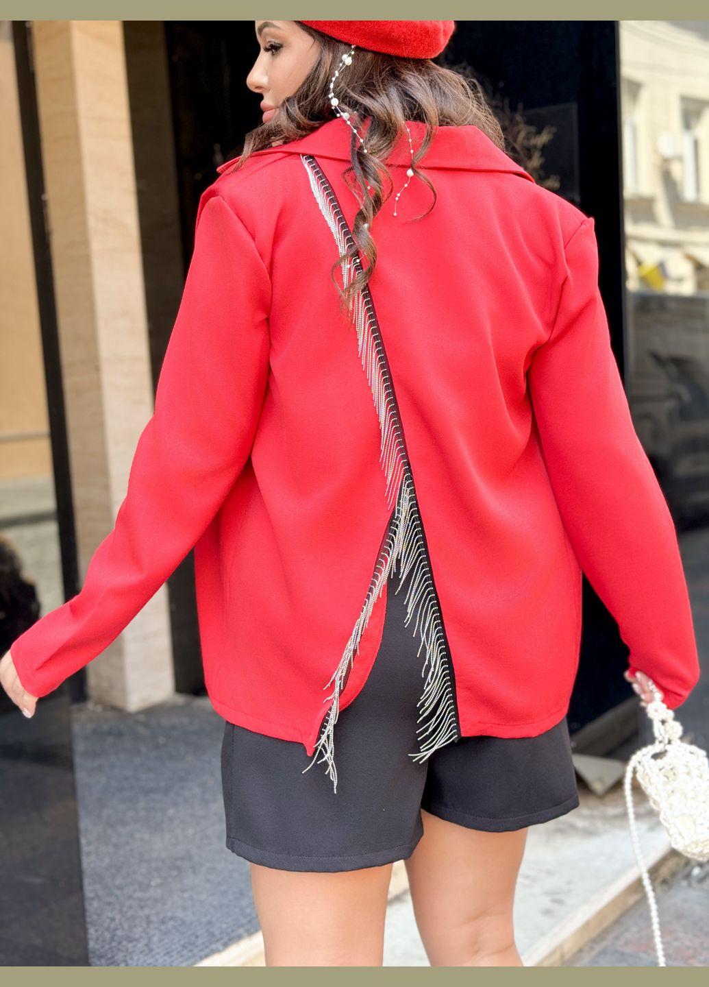 Красный женский пиджак с бахромой No Brand однотонный - всесезон