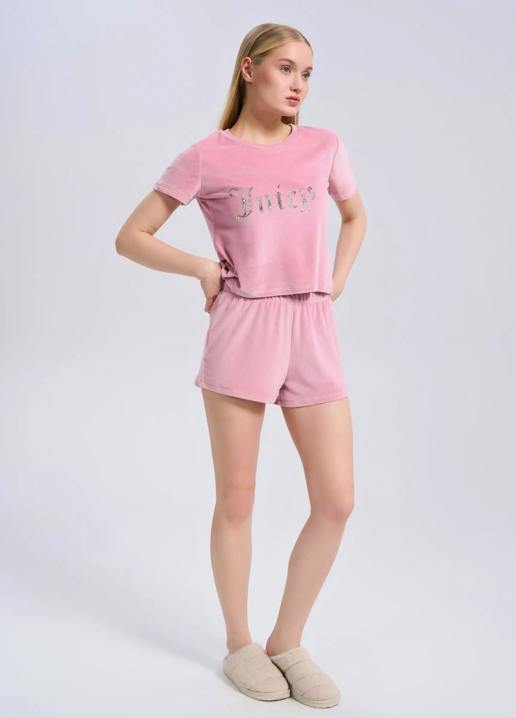 Пудровая всесезон женская велюровая пижама juicy футболка + шорты FS
