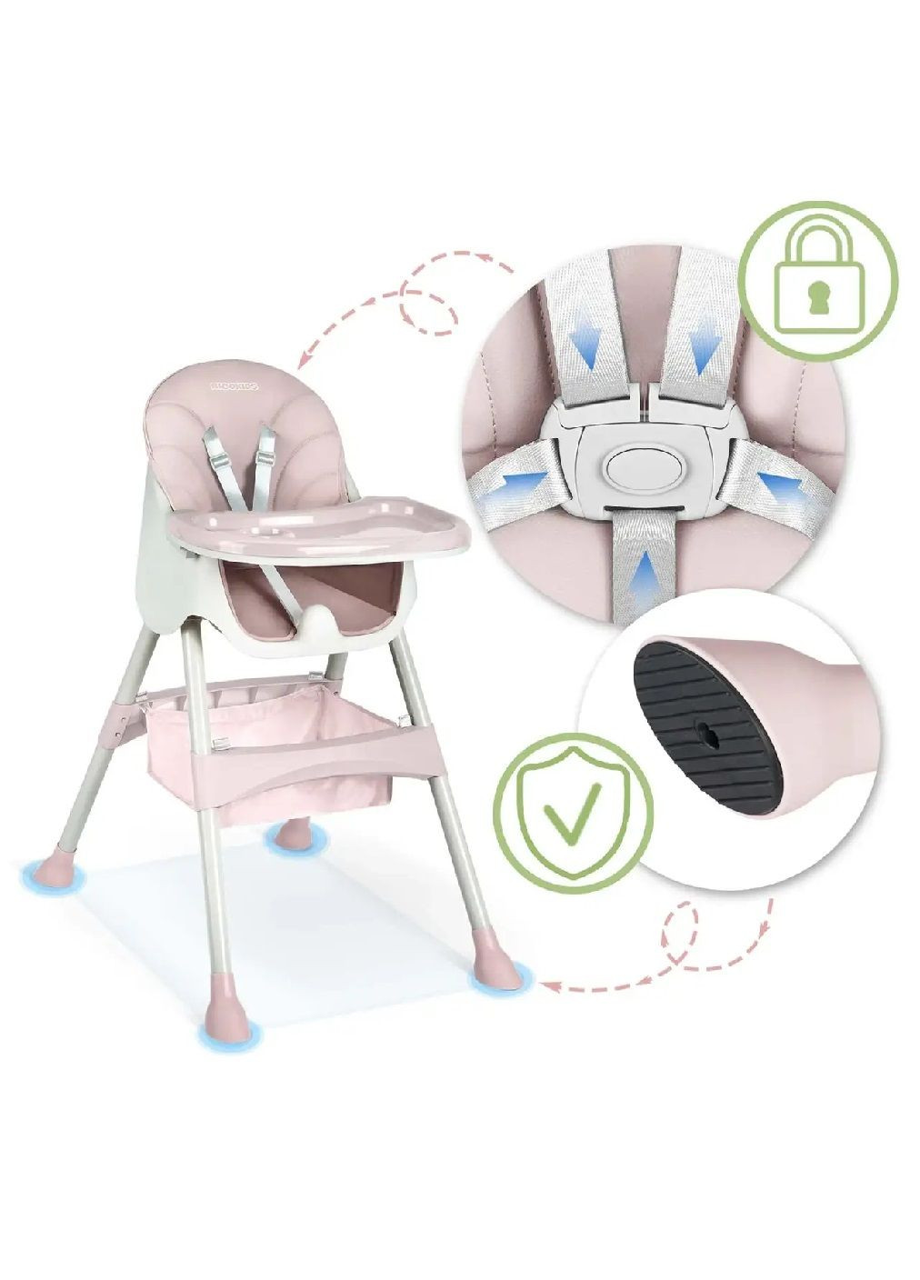 Детское кресло стул для кормления детей малышей складное со съемным подносом с ремнями безопасности 3 в 1 (479223-Prob) Розовое Unbranded (316355168)
