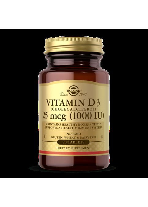 Витамин D3 (холекальциферол), Vitamin D3, 25 мкг (1000 МЕ), 90 таблеток Solgar (362371583)