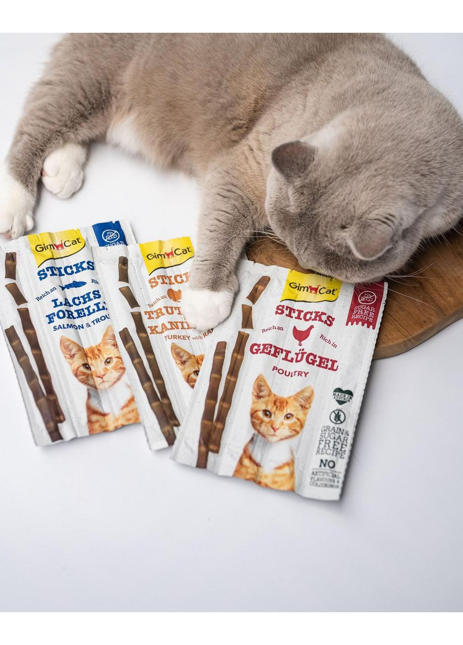 Ласощі для котів, палички з лососем та фореллю, 4 шт по 5 г GimCat (365593298)