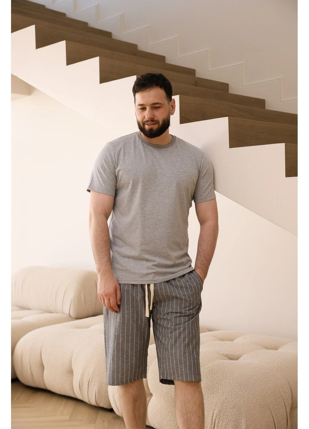 Пижама мужская футболка серая меланж + шорты COTTON STRIP в линию серые Handy Wear (396313085)