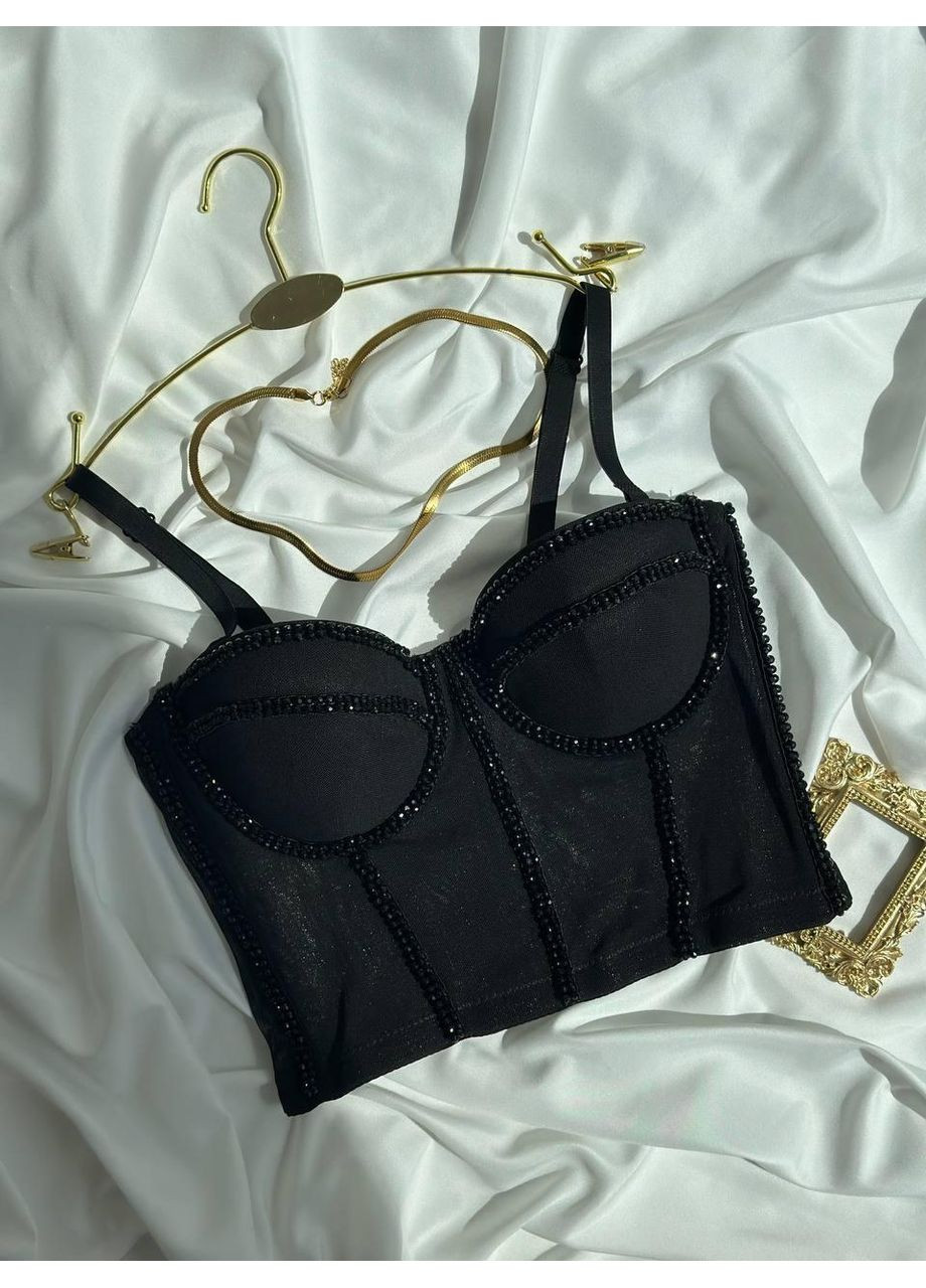 Корсет з камінням / Корсет-бюстьє чорний гламурний / Чорний топ-корсет із декором зі стразів No Brand (370975743)