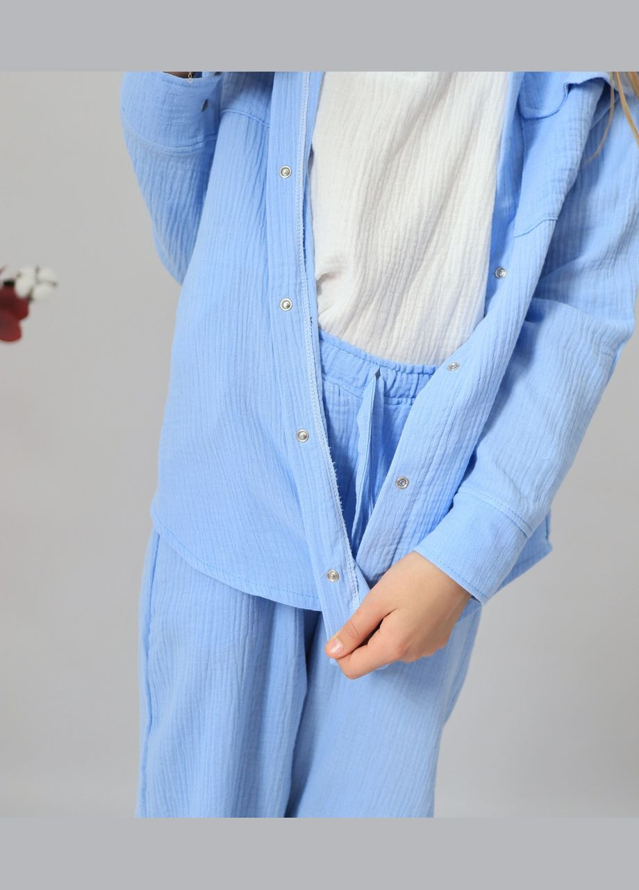 Блакитний літній дитячий мусліновий комплект унісекс блакитний mrou: сорочка, футболка та штани палаццо No Brand