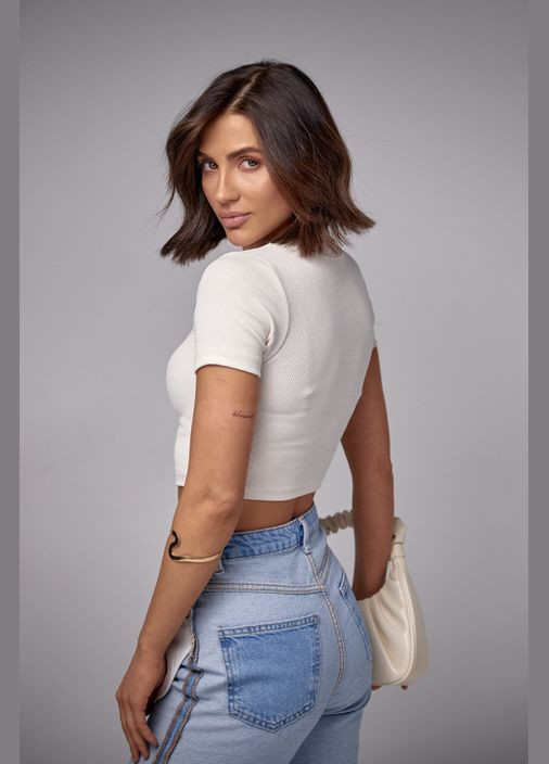 Коротка футболка в рубчик з вишивкою Lurex - (337177751)