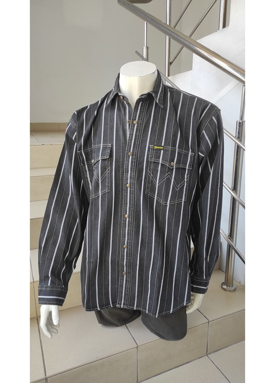 Сорочка чоловіча джинсова бавовна смуга довгий рукав кишені темно-синя No Brand (361137446)