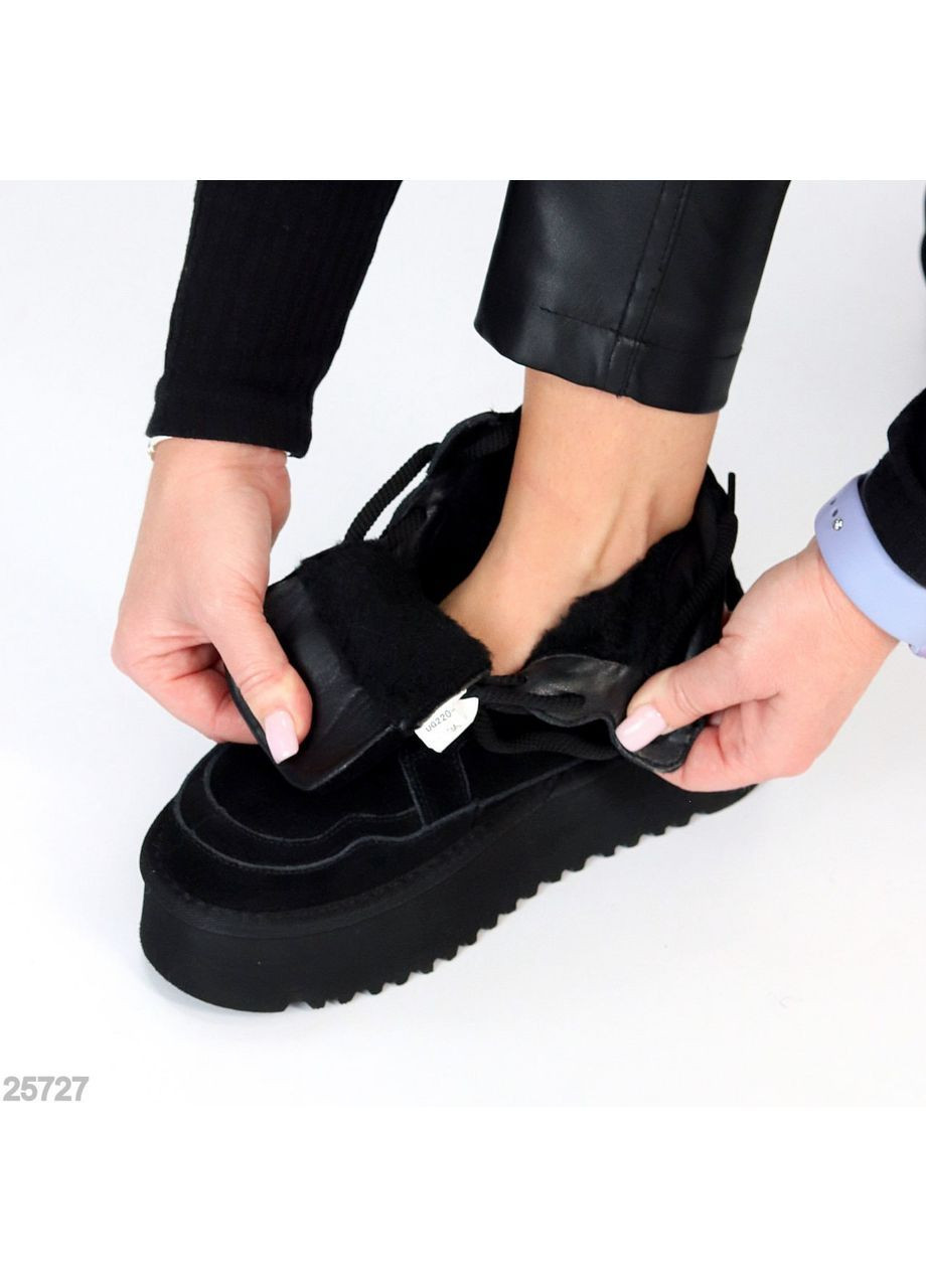 Жіночі зимові уггі на шнурівці Leron, чорні, з натуральної замші, утеплені екохутром No Brand (365756107)