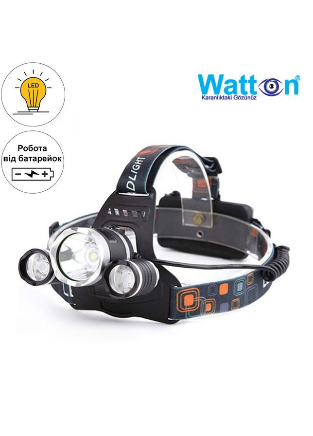 Мощный налобный аккумуляторный фонарь WT-256 с 3 фонариками, 2 аккумуляторные батареи 18650 зум на 250м Watton (338854922)