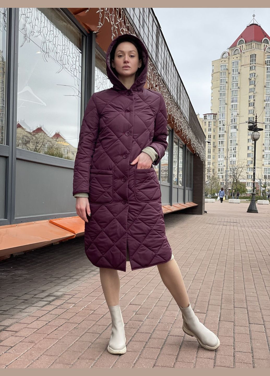 Комбіноване демісезонне Утеплене стьобане пальто 4445р Бордове Cat Orange