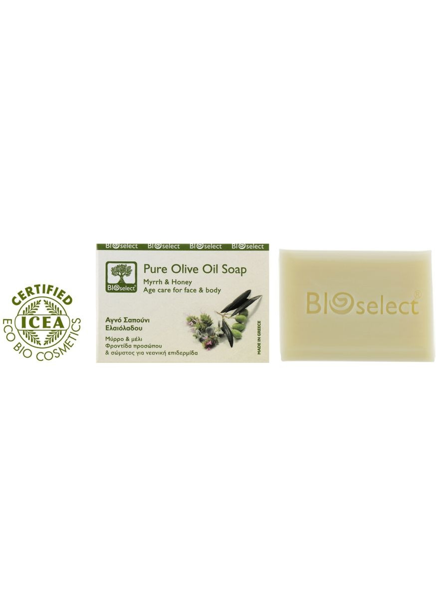 Натуральне оливкове мило з міррою та медом Pure Olive Oil Soap Myrrh & Honey 80g (578045-24072) Bioselect (368605173)