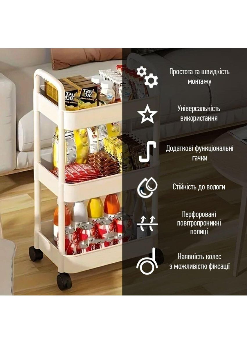 Этажерка мобильная трехъярусная универсальная пластиковая 41х25х72см Слоновая кость love-shopping Sticker Wall (356672603)