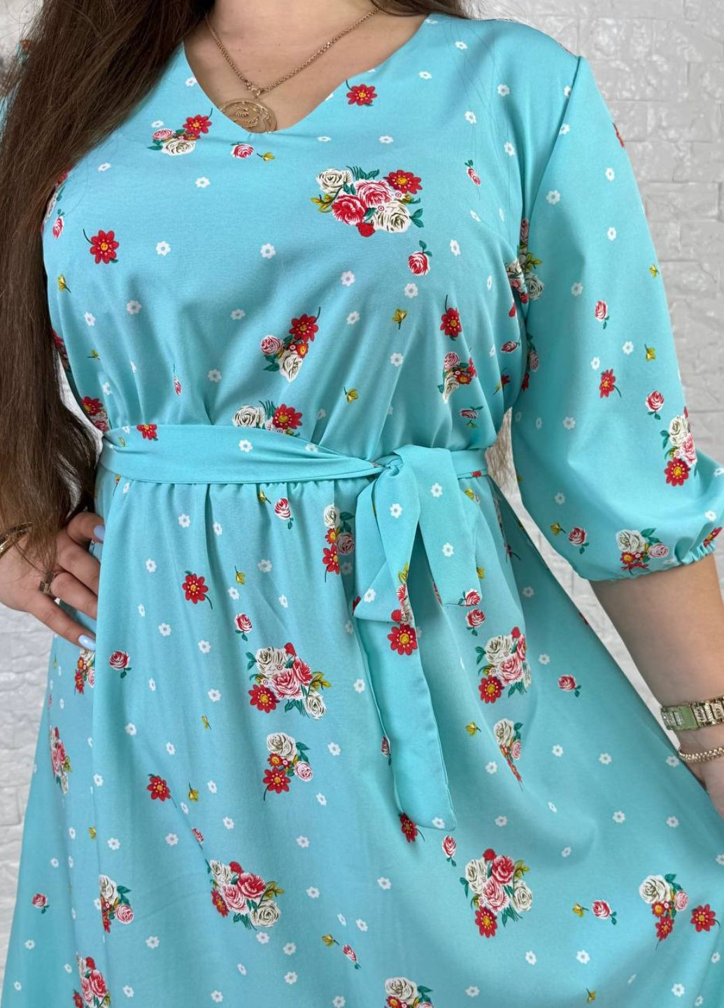 М'ятна повсякденний вишукана легка літня міді сукня з квітковим візерунком, поясом та рукавами ліхтарик три чверті Україна з квітковим принтом