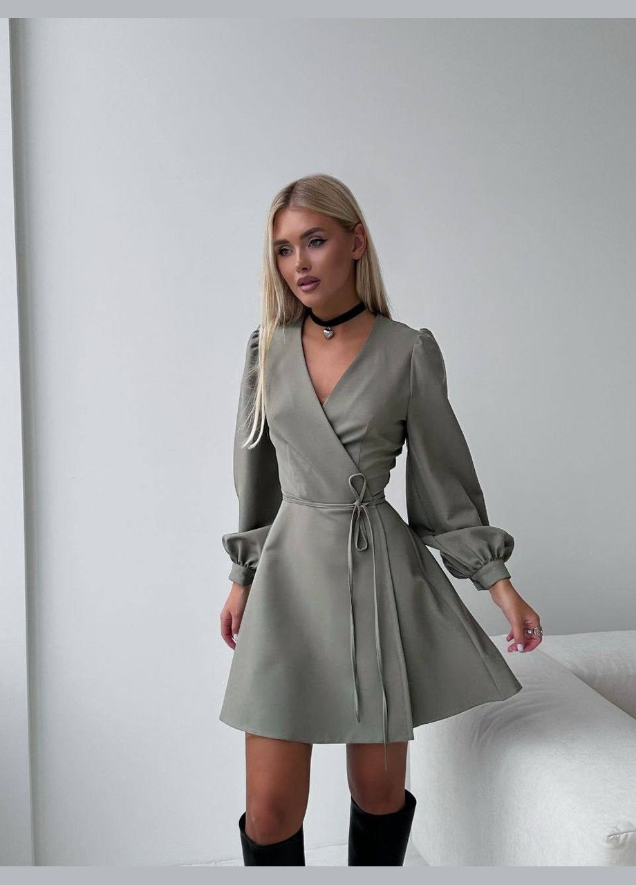 Серое праздничный платье мини на запах на запах No Brand однотонное