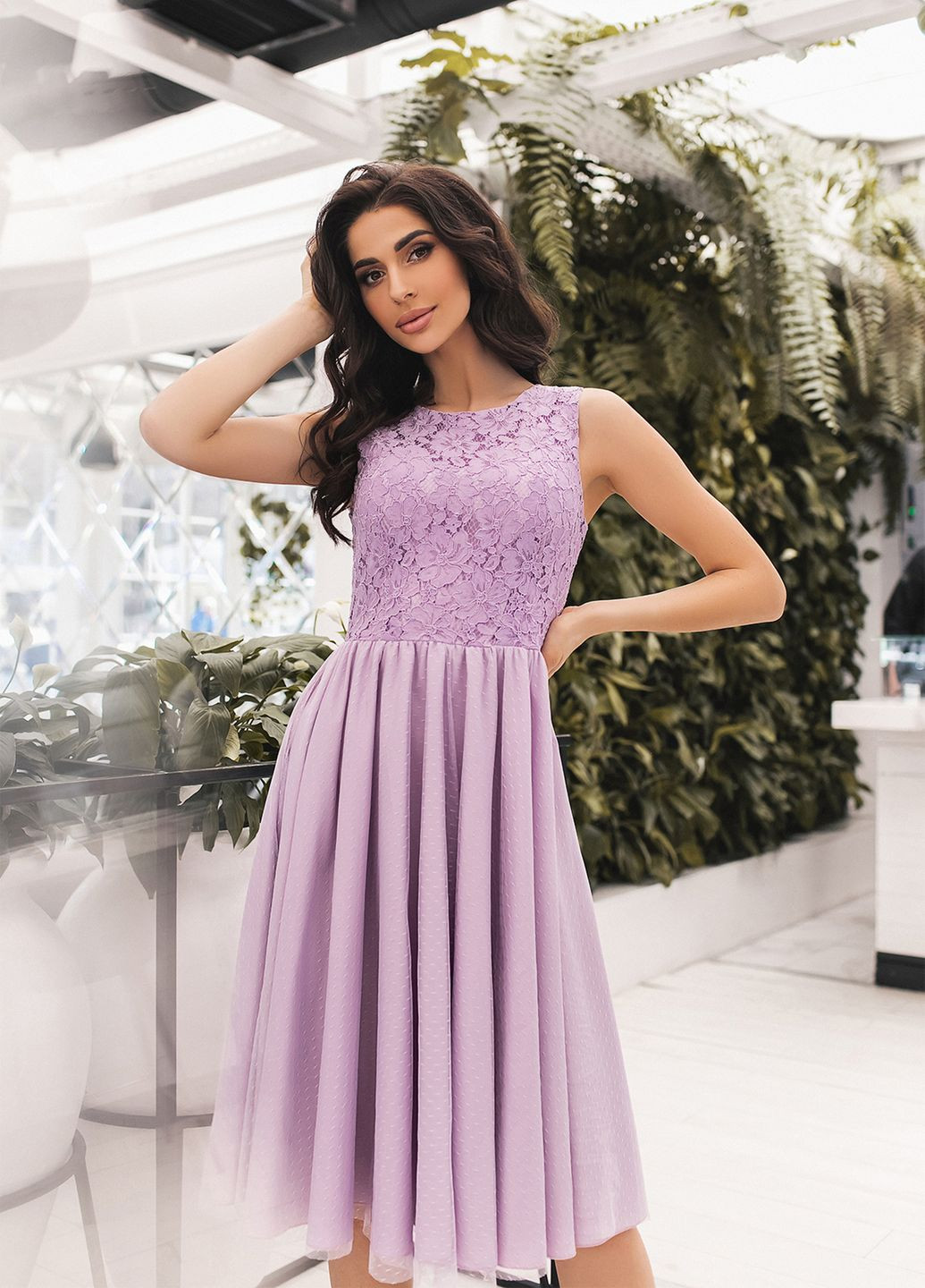 Лиловое праздничный платье с кружевом клеш No Brand однотонное