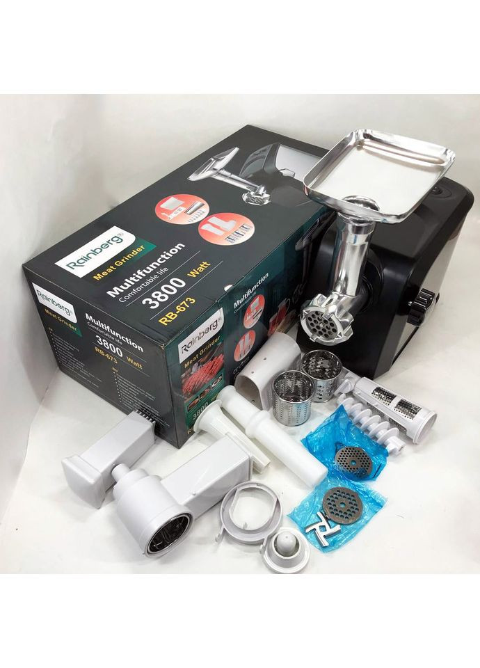 Электрическая мясорубка RB-673 с соковыжималкой и шинковкой 9 насадок 3000W с реверсом Rainberg (365654704)