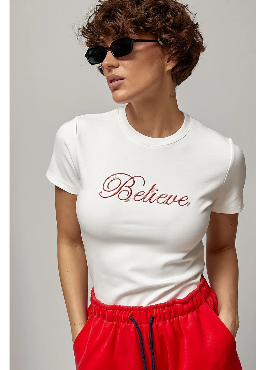 Жіноча футболка з вишитим написом і перлами,, ONE SIZE No Brand - (399770073)