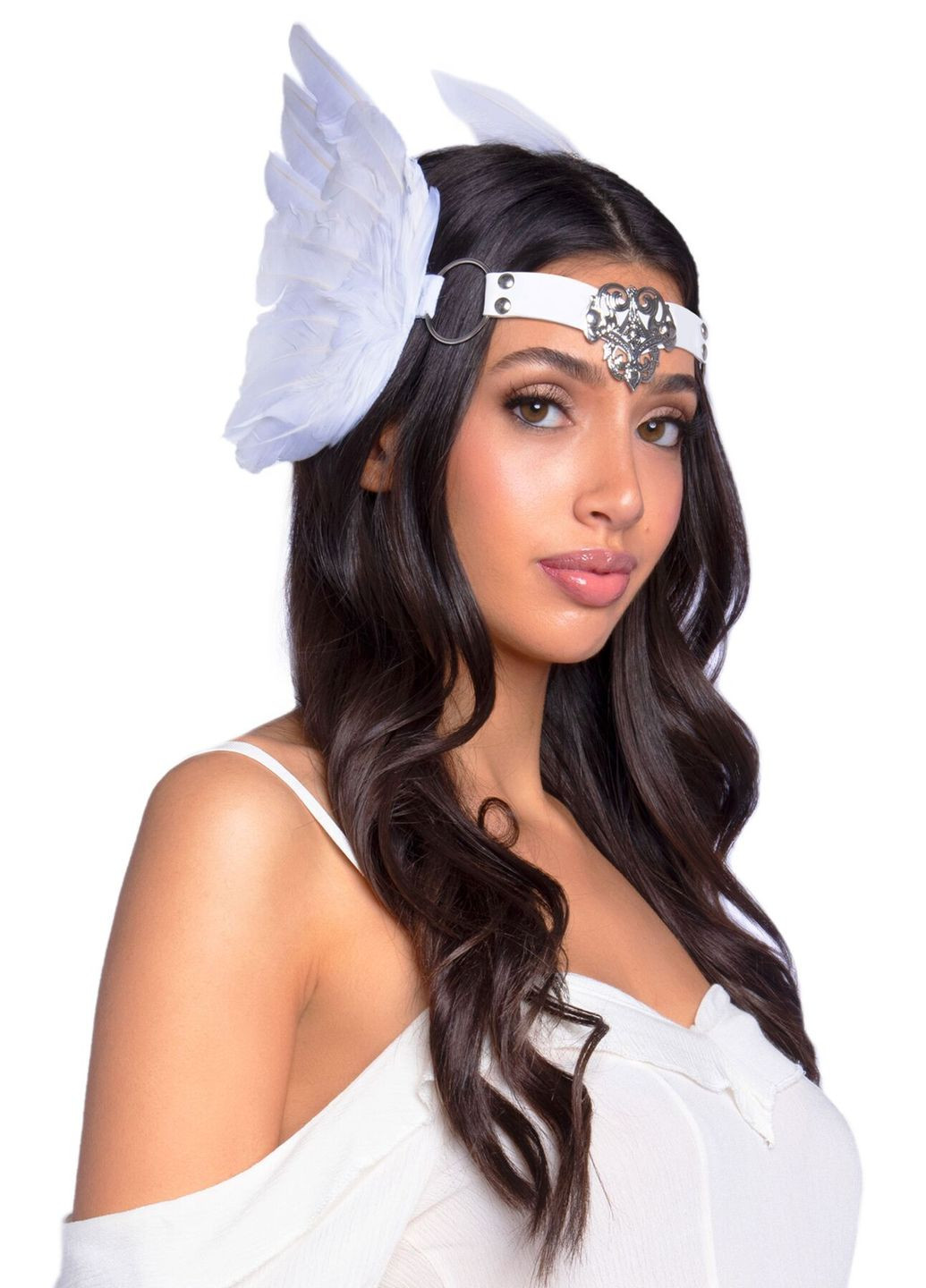Повязка на голову с крыльями Feather headband White, перья и натуральная кожа Leg Avenue (335391885)